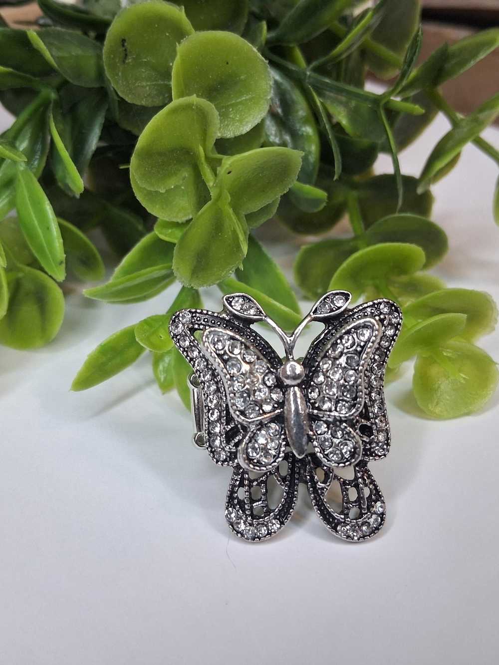 Silver Butterfly Ring with Clear Rhinestones